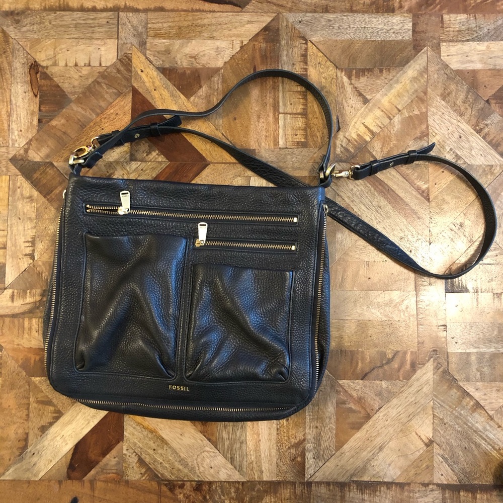 Black Leather Fossil Large Cross Body Bag